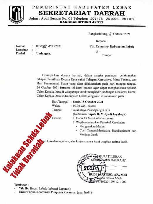 Surat undangan yang di Keluarkan SEKDA Kabupeten Lebak dengan nomor 005/1768-P3D/2021,